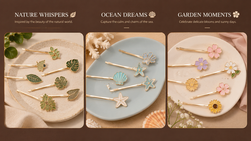 16:9 product showcase featuring customizable enamel metal hair pins with nature leaf, ocean shell, and floral themes in assorted decorative styles for wholesale collections