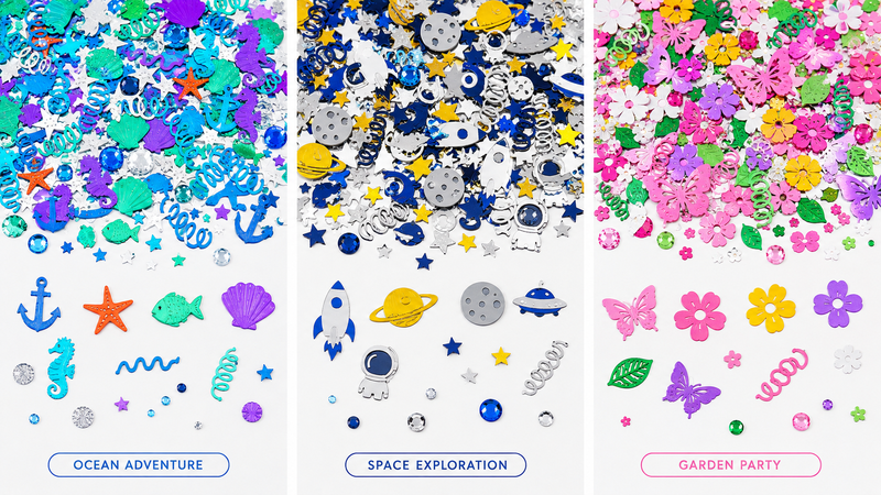 16:9 flat lay of custom themed confetti collections featuring ocean adventure, space exploration, and garden party designs with colorful die-cut decorative shapes for party supplies