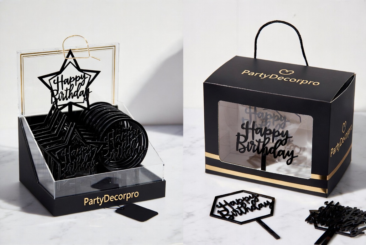 Premium black acrylic Happy Birthday cake toppers in two elegant custom packaging options - transparent acrylic display box and black gift box with clear window