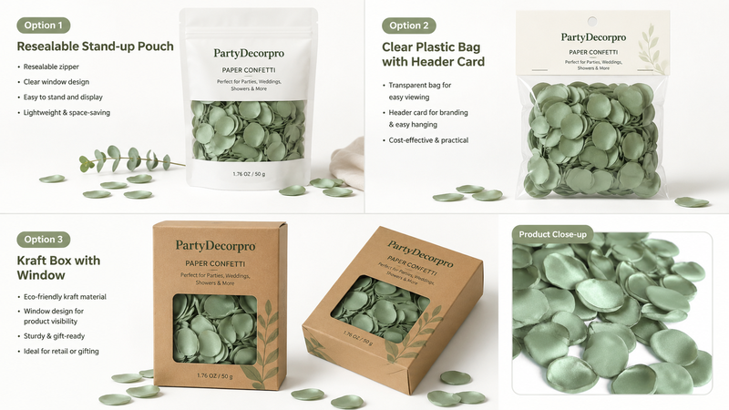 Green flower petal confetti packaging mockup featuring stand-up pouch, clear header bag, and kraft window box retail packaging concepts with customizable branding solutions