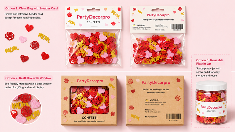 Three custom retail packaging concepts for glitter Mother's Day confetti including clear hanging bags, kraft window boxes, and reusable plastic jars with customizable branding and packaging solutions.