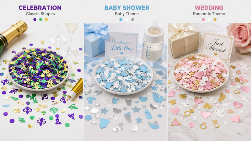 Three themed custom confetti collections displayed in a 16:9 layout featuring celebration, baby shower, and wedding styles with colorful metallic precision-cut party confetti for event decoration.