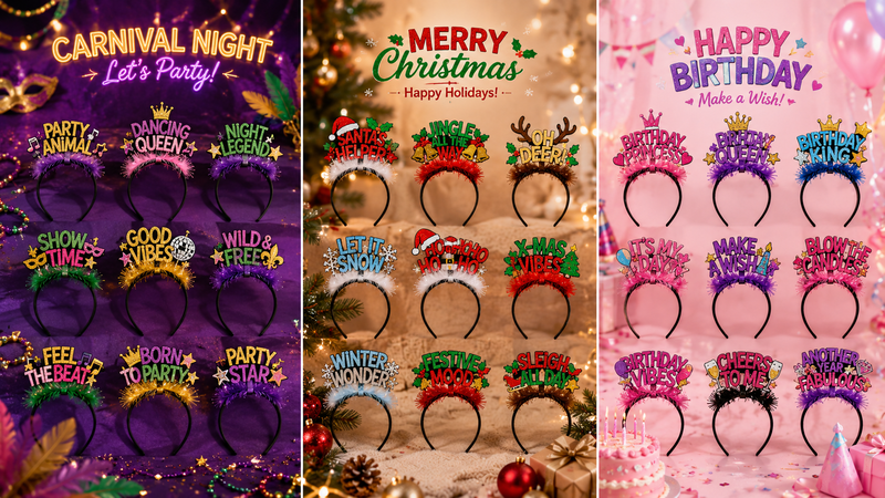 16:9 themed festive party headband collection featuring carnival night Christmas and birthday designs with glitter decorations and immersive celebration backgrounds