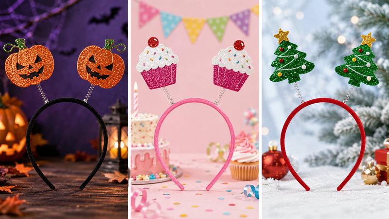 16:9 themed party headband collection featuring dinosaur princess and birthday cake designs with glitter details and immersive celebration backgrounds