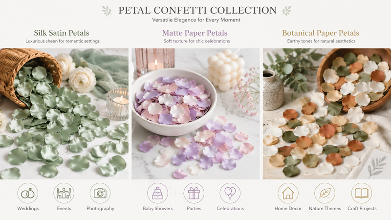 Three-style petal confetti collection featuring satin, matte, and botanical petals for weddings, parties, and decorative occasions