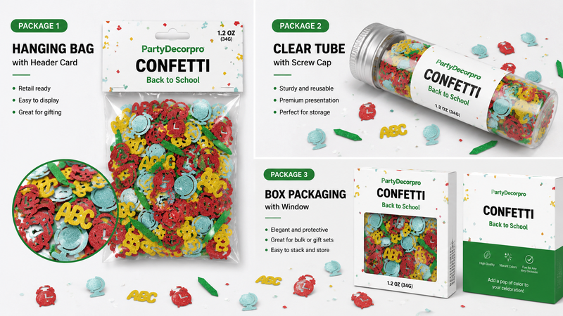 School themed glitter confetti packaging mockup featuring hanging bag and clear tube packaging designs with colorful educational themed party confetti for retail and custom branding display.