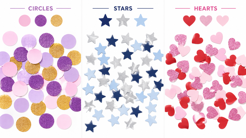 16:9 confetti showcase featuring circle, star, and heart shaped paper confetti in colorful matte and glitter finishes for party decoration