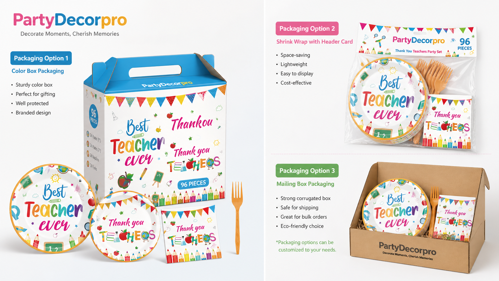 Teacher party tableware packaging options including color box, bag and mailing box with customizable branding for retail and bulk use