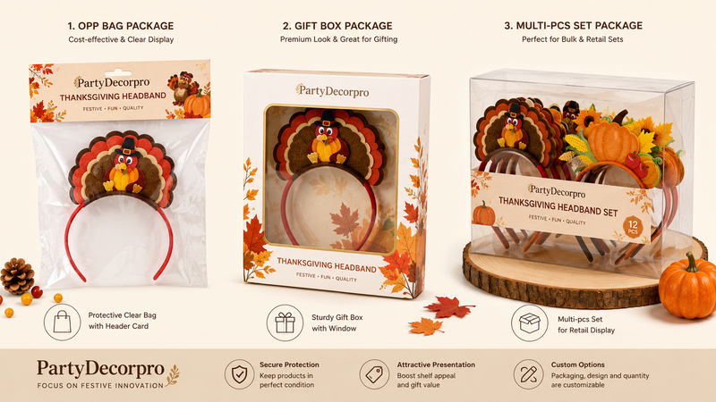 Thanksgiving headband packaging concepts featuring clear bag packaging, window gift box and multi-piece retail display packaging in a 16:9 presentation layout