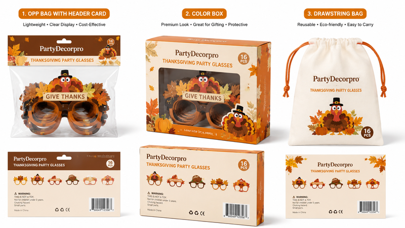 Thanksgiving novelty glasses packaging concepts featuring clear bag packaging, premium gift box and drawstring pouch presentation in a 16:9 layout