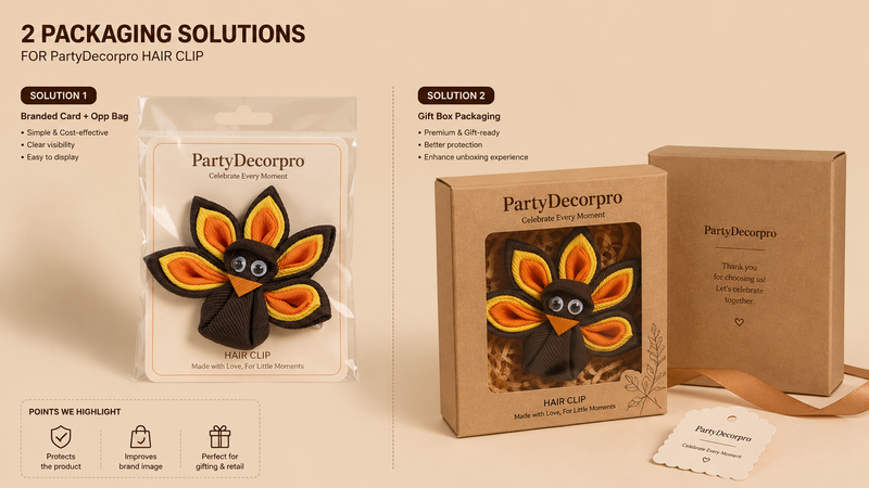 Thanksgiving turkey ribbon hair clip packaging concepts featuring retail card bag packaging and premium gift box display with customizable branding solutions
