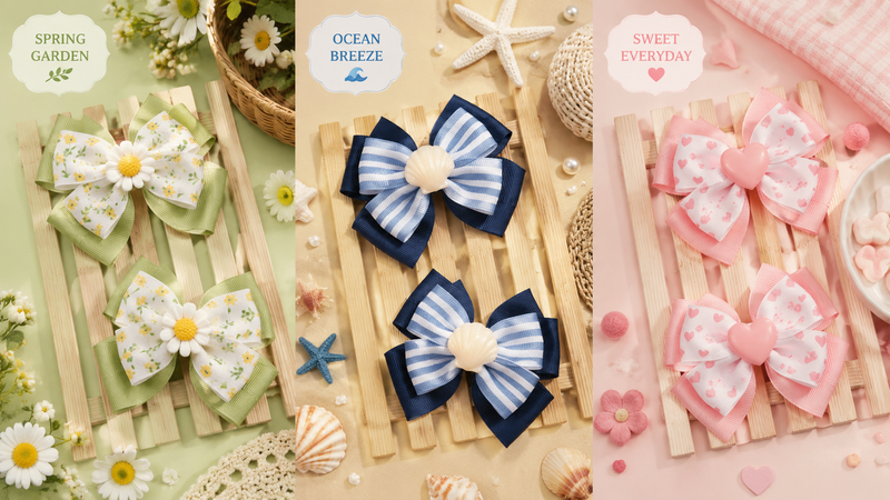 16:9 themed bow hair clip collection featuring Spring Garden floral bows, Ocean Breeze shell bows and Sweet Everyday heart bows with layered ribbon craftsmanship and decorative accents