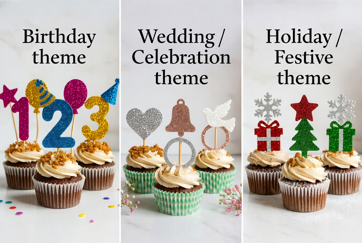 Assorted themed cupcakes with glitter toppers for birthday, wedding, and holiday celebrations on white background