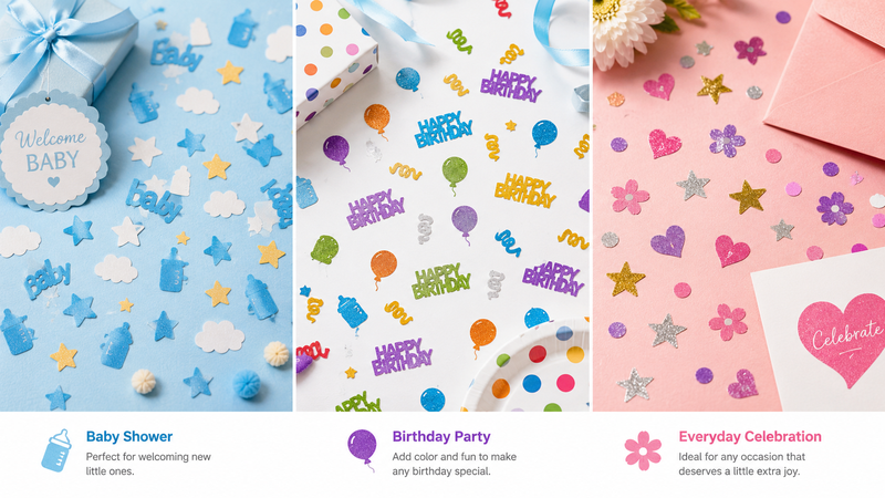 16:9 themed glitter confetti collection featuring birthday, baby shower and celebration styles with colorful custom party paper pieces