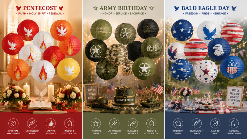 Pentecost US Army Birthday American Eagle Day themed paper lanterns wholesale display.