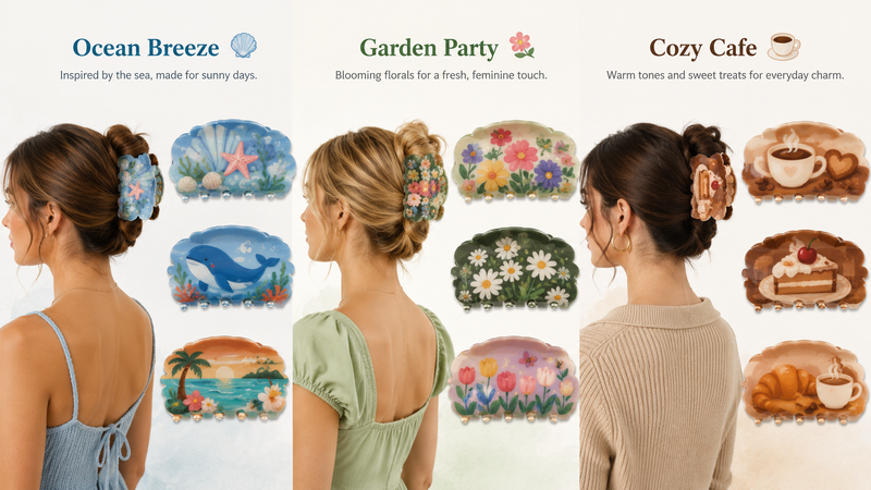 16:9 themed resin hair claw clip collection featuring Ocean Breeze, Garden Party, and Cozy Cafe styles with lifestyle display and custom design concepts