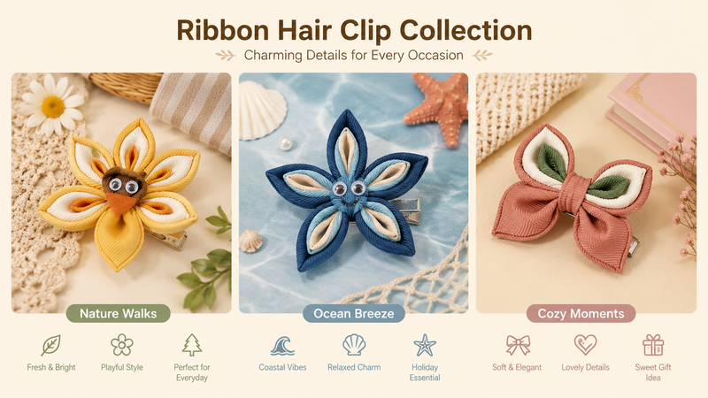 16:9 collage of themed ribbon hair clip designs featuring nature-inspired, ocean-style and cozy gift concepts with layered ribbon craftsmanship and decorative styling.