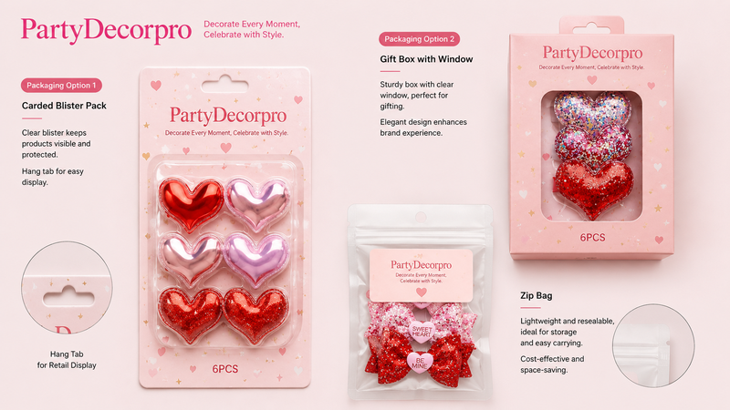 Valentine themed hair clip packaging concepts featuring carded blister packs, window gift boxes, and resealable pouch packaging with retail ready and customizable branding presentation styles.