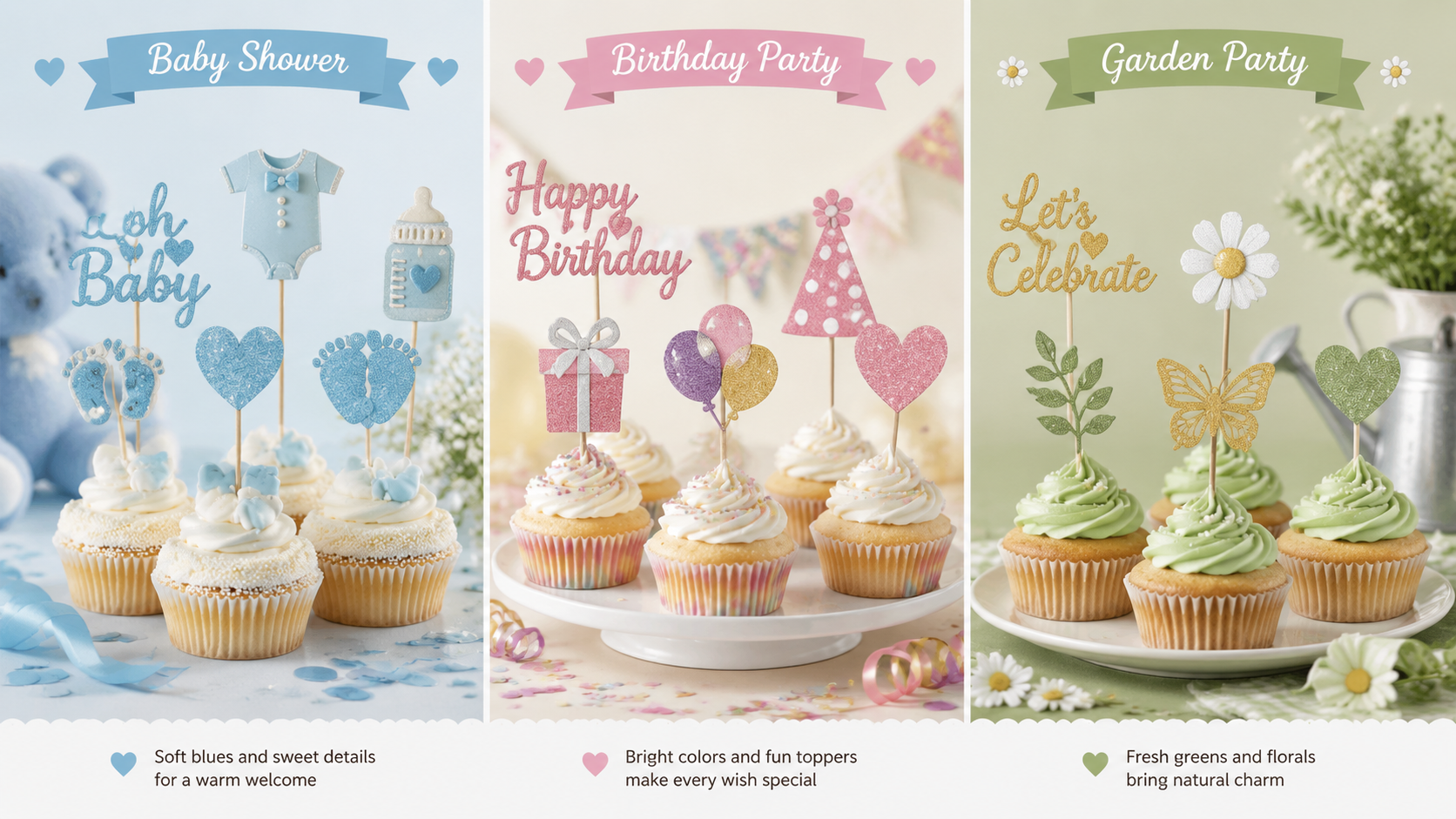 Wedding-themed cupcake toppers with glitter hearts, rings, dresses, and tuxedos on frosted cupcakes.