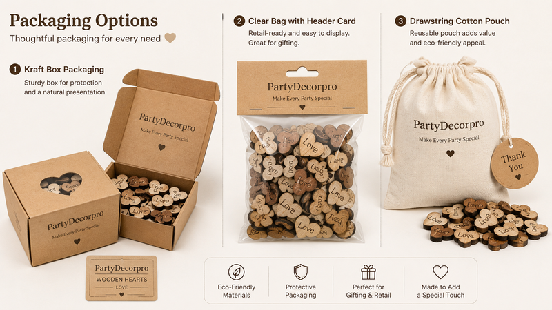 Wooden heart confetti packaging concepts with kraft box, clear retail bag, and cotton pouch display for customized party decoration branding