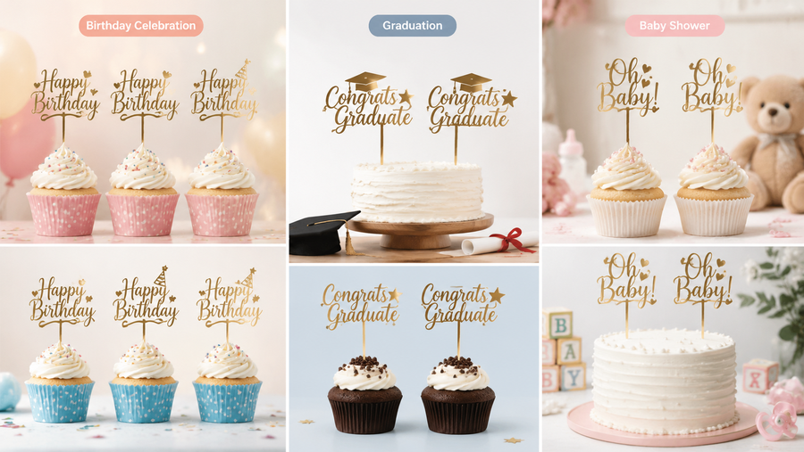 Gold acrylic cake toppers for birthday, graduation, and baby shower celebrations, beautifully crafted in 3D, displayed on cupcakes and cakes.