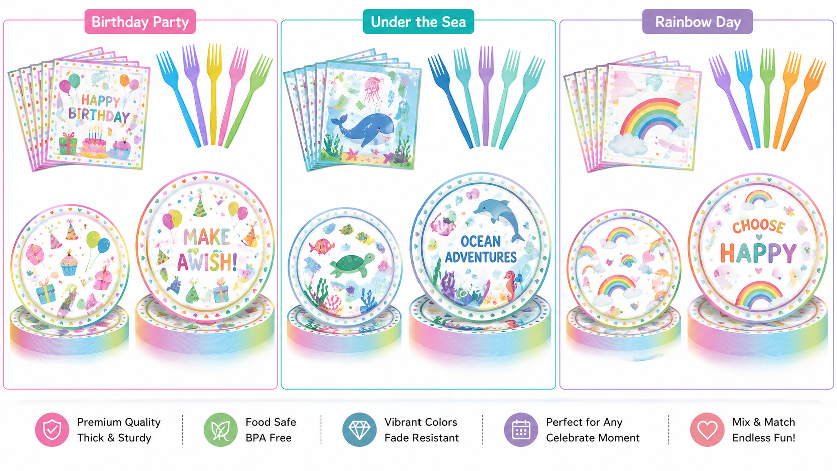 Birthday ocean rainbow theme party tableware set plates napkins colorful forks disposable party supplies customizable design set