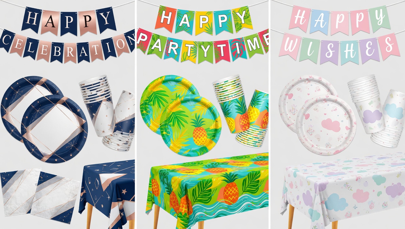Three stylish party tableware sets in elegant modern, tropical, and pastel themes showing plates, cups, napkins, tablecloth and banners