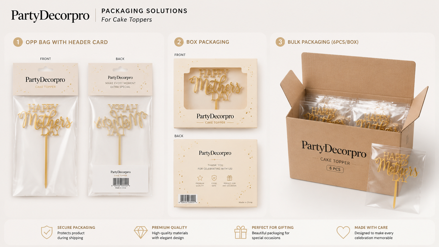 Cake topper packaging options with OPP bag, box, and bulk carton for customizable brand presentation