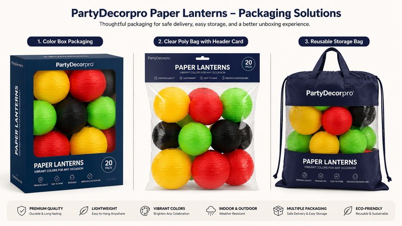 Colorful paper lantern packaging mockup displaying multiple shapes for B2B customization and wholesale.