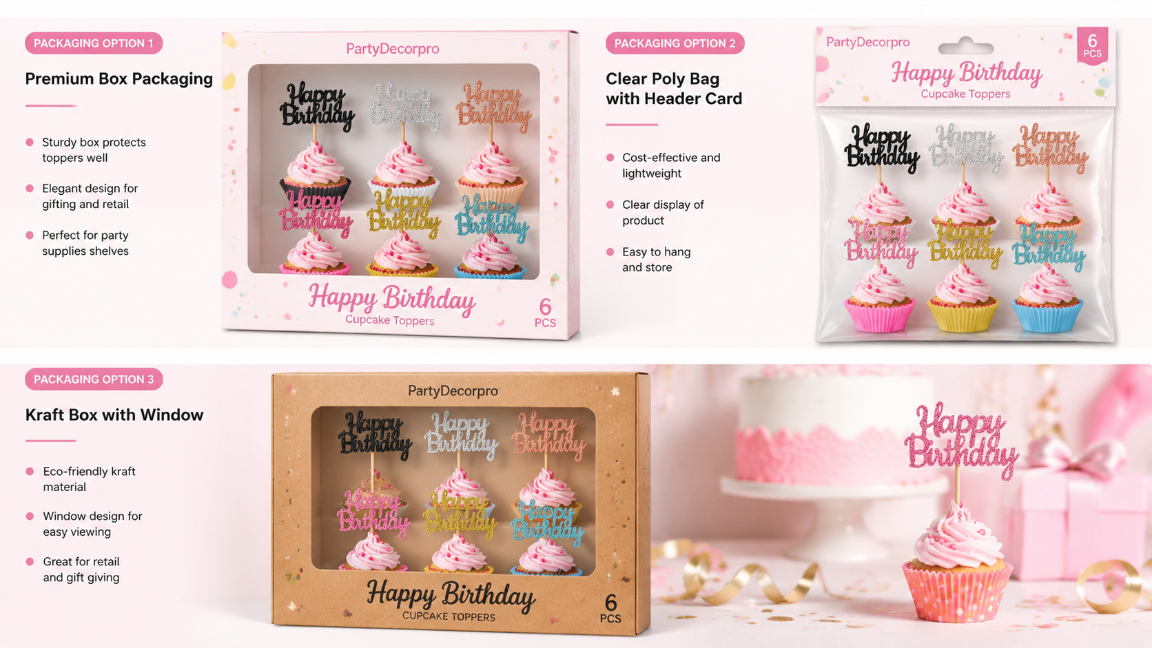 Cupcake topper packaging options including premium box, clear poly bag, and kraft box with window, customizable for brand display.
