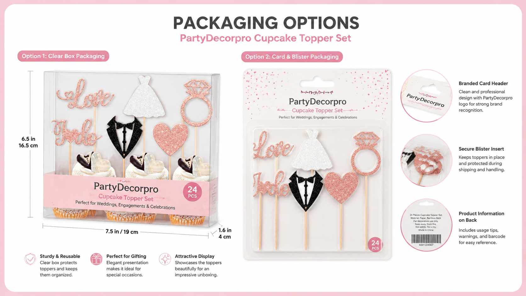 Cupcake topper packaging with glittery toppers in clear box and card options, customizable for branding.