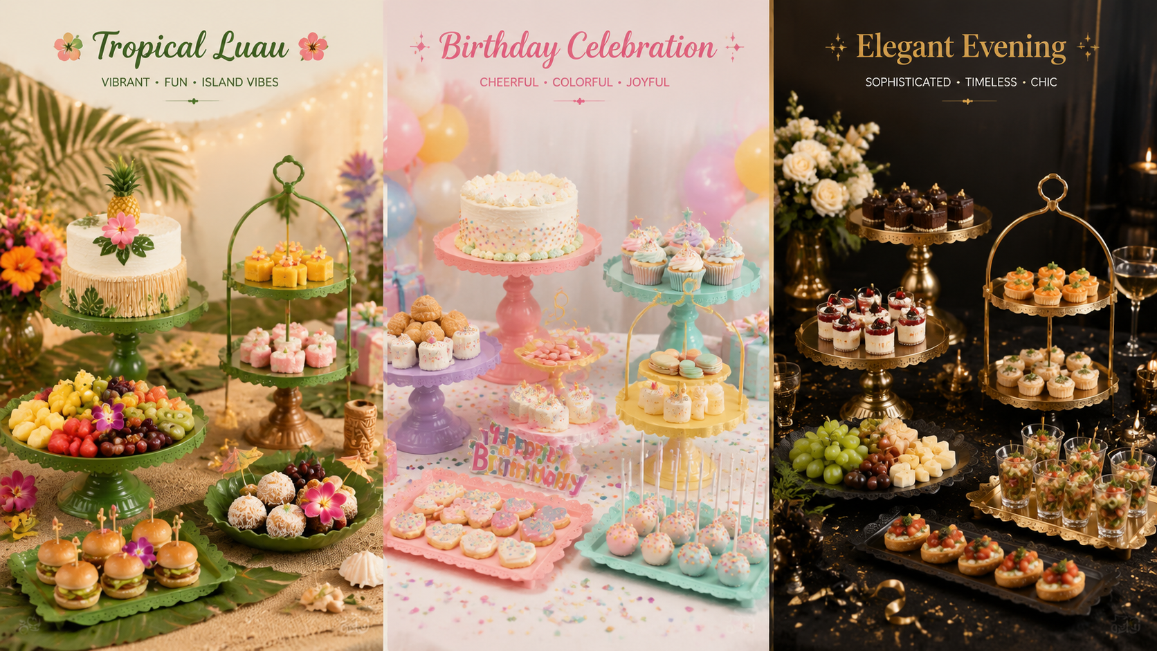 Multi-themed customizable dessert and cake stands in various colors and shapes for parties and celebrations.