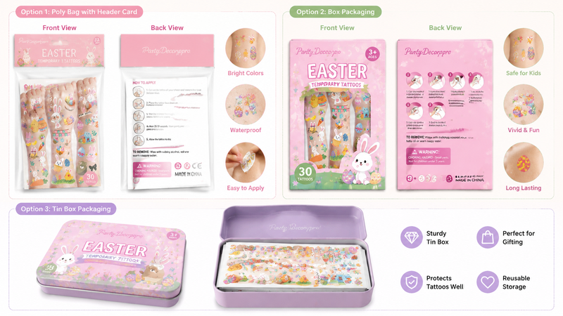 Three customizable Easter temporary tattoo packaging options including poly bag, box, and tin box with colorful designs.