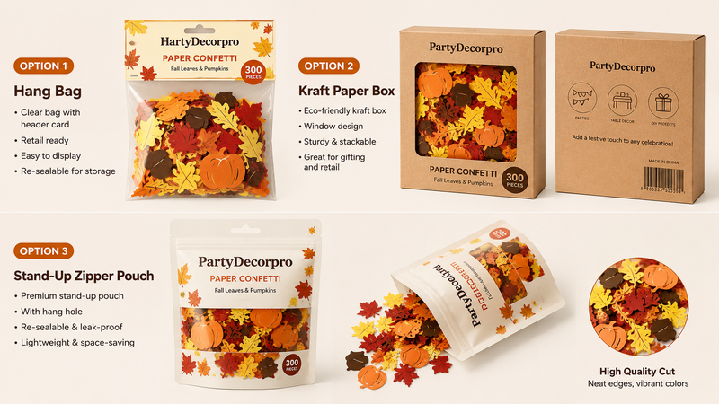 Fall-themed confetti packaging options showing clear hang bag, kraft paper box, and stand-up zipper pouch with vibrant autumn colors.