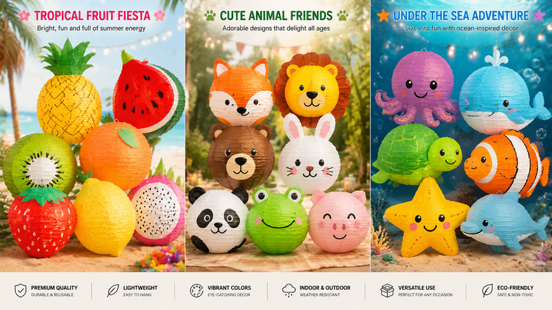 Fruit and animal shaped colorful paper lanterns for party and holiday décor, wholesale ready
