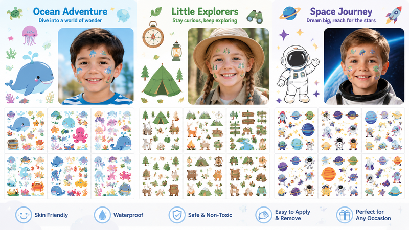 Kids temporary tattoos with ocean, explorer, and space themes, safe and waterproof, customizable.