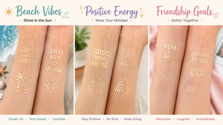 Gold foil temporary tattoos on wrists, themed for party, friendship, and celebration, customizable and vibrant.