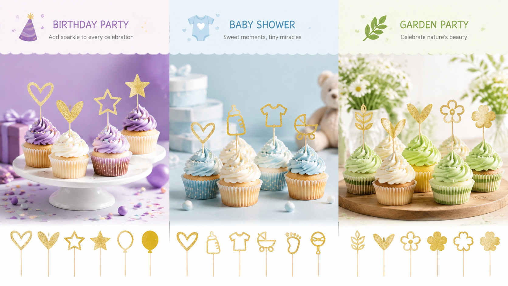 Gold glitter cupcake toppers in heart and star shapes on pastel-themed cupcakes for birthdays, baby showers, and garden parties.