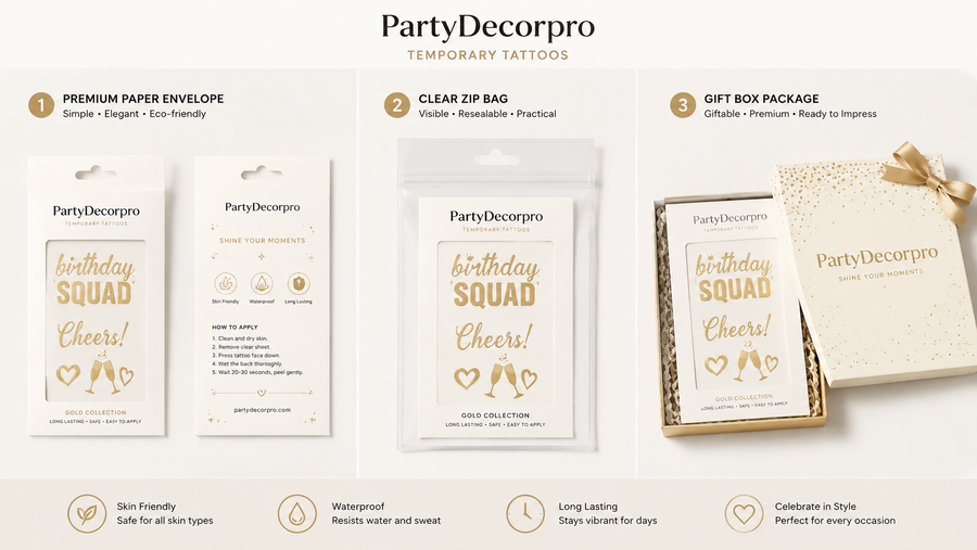 Gold temporary tattoo packaging showcase with customizable options in premium envelopes, clear bags, and gift boxes.