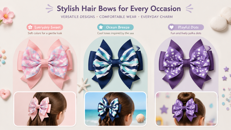 Stylish colorful hair bows with patterned designs displayed on a flat lay background.