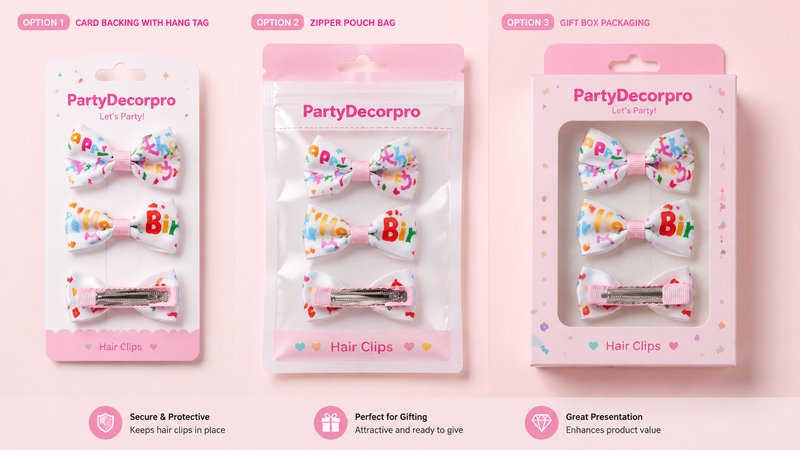 Three hair clip packaging options: card backing, zipper pouch, and gift box, customizable for branding.
