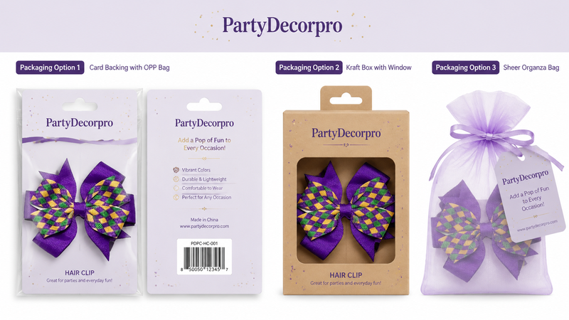 Hair clip packaging mockup showing multiple styles with customizable branding options.