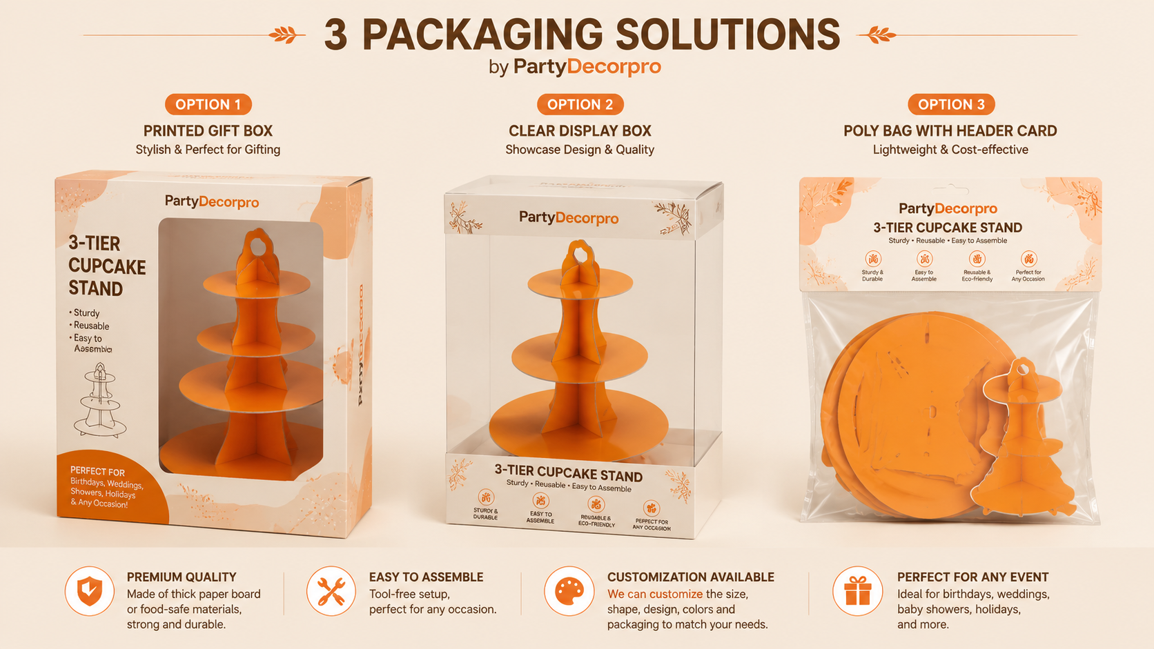 Three premium packaging options for three-tier cupcake stands, including gift box, clear display box, and poly bag, customizable and elegant.