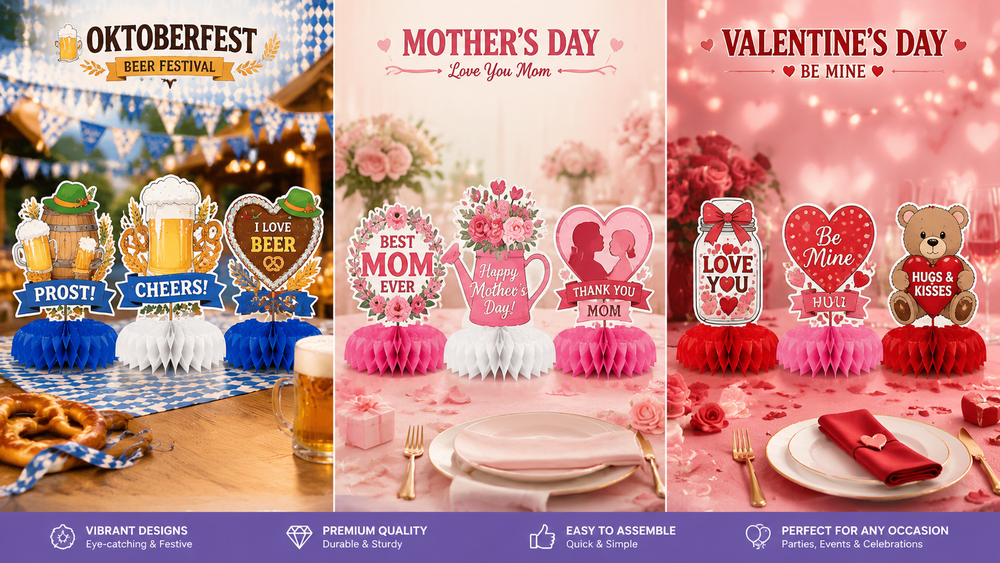 Holiday-themed honeycomb centerpieces for Oktoberfest, Mother's Day, and Valentine's Day with festive toppers and colorful bases.