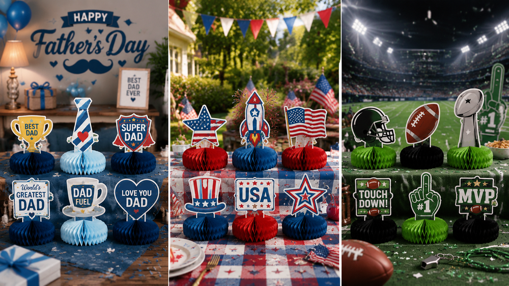 Father’s Day, Independence Day, and Super Bowl honeycomb table centerpieces with festive toppers, colorful decorations.