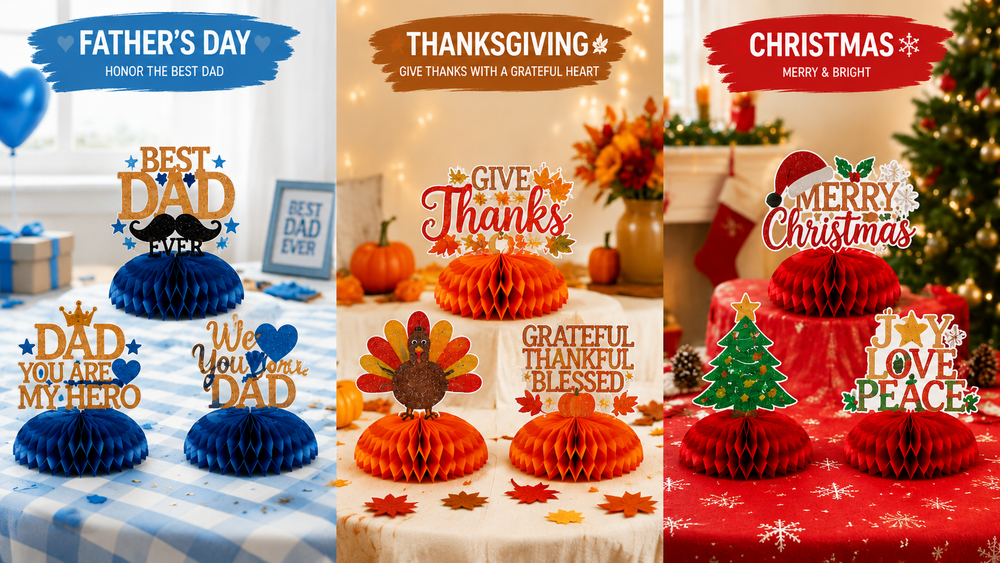 Father's Day, Thanksgiving, and Christmas honeycomb centerpieces on festive tables, glittery paper decorations.