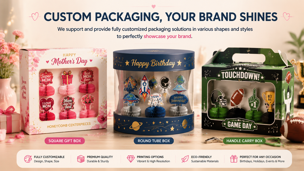 Holiday-themed honeycomb decorations in square, round tube, and handle carry boxes, customizable packaging options.