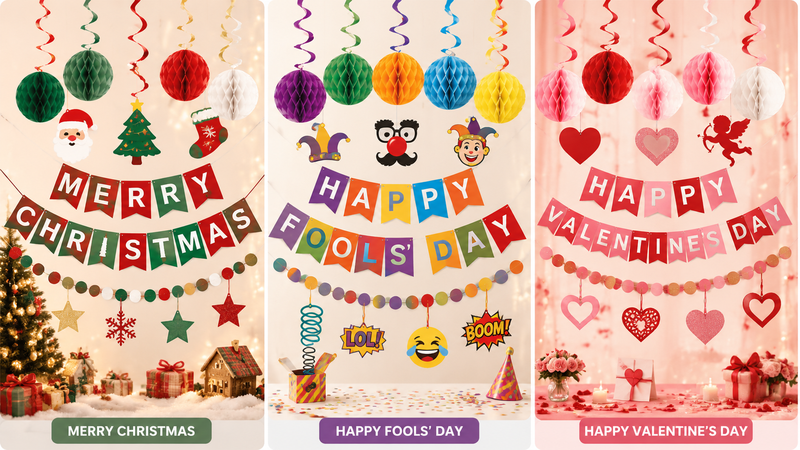 Festive honeycomb paper decorations for Christmas, April Fools', and Valentine's Day, B2B wholesale ready
