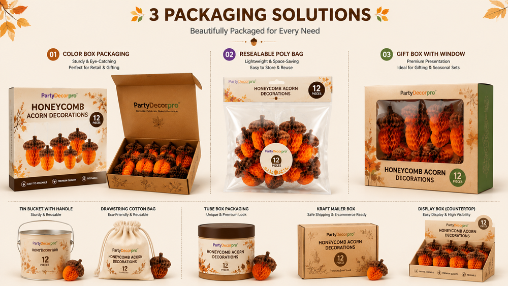 Honeycomb acorn decorations displayed in multiple packaging options including color box, poly bag, gift box, tin, and kraft mailer.