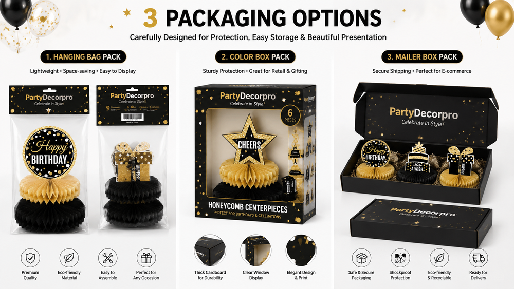 Varied honeycomb decoration packaging options including bag packs, color boxes, and mailer boxes, customizable and protective.